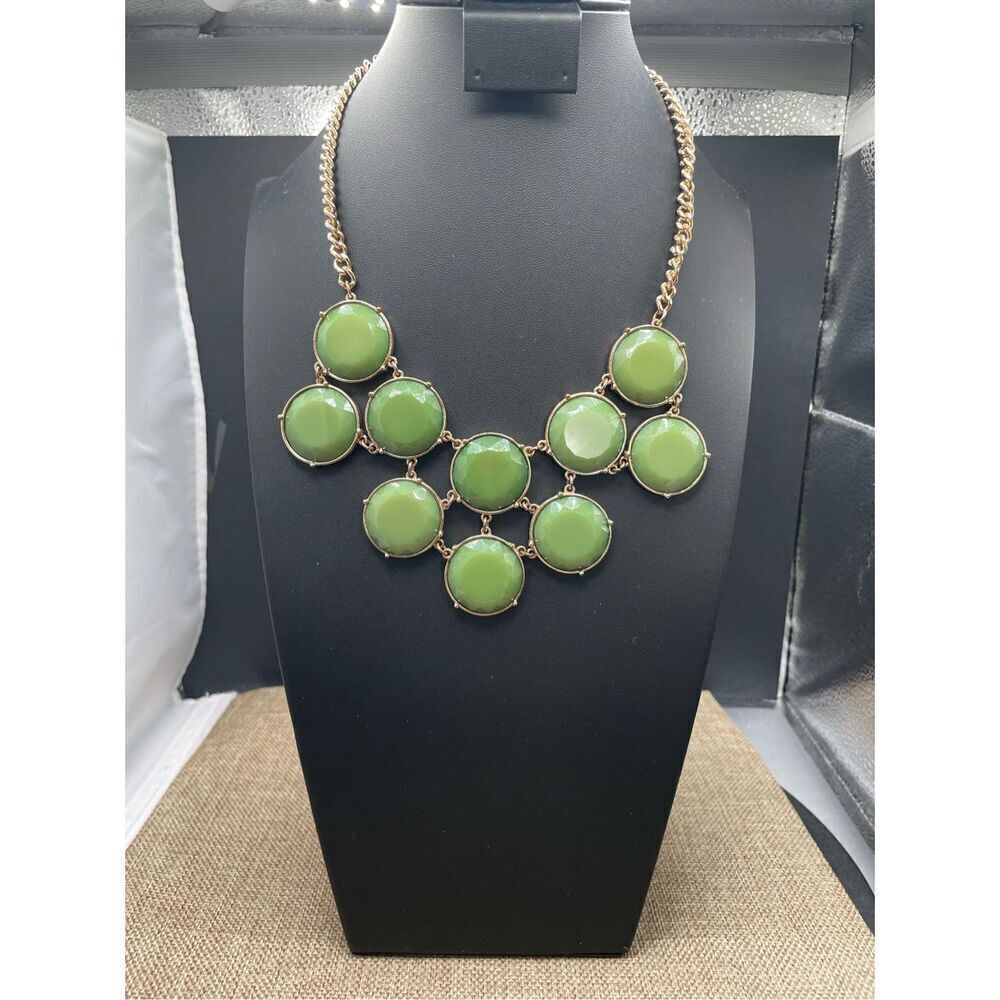 Green Bib Bauble Necklace Gold tone Chain St Patricks Day Jewelry
